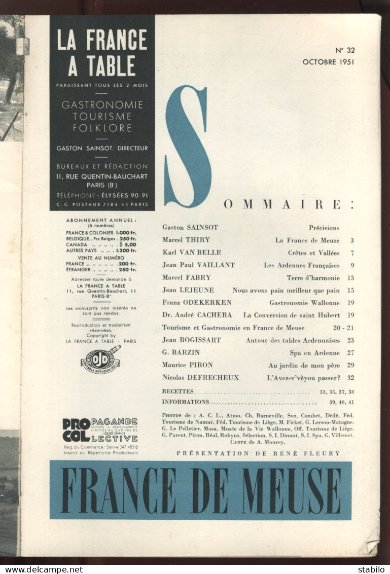 LA FRANCE A TABLE - N°32 FRANCE DE MEUSE - OCTOBRE 1951 - Turismo Y Regiones