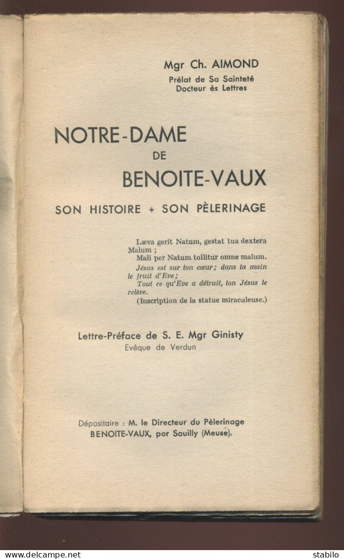 NOTRE-DAME DE BENOITE-VAUX (MEUSE) PAR MGR CH. AIMOND - 1937 - Lorraine - Vosges