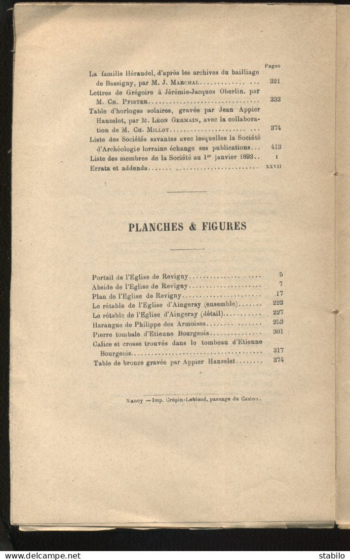 MEMOIRES DE LA SOCIETE D'ARCHEOLOGIE LORRAINE - MONOGRAPHIE DE L'EGLISE DE REVIGNY PAR A. BOUILLE (GRAVURE, PLAN) - Lorraine - Vosges