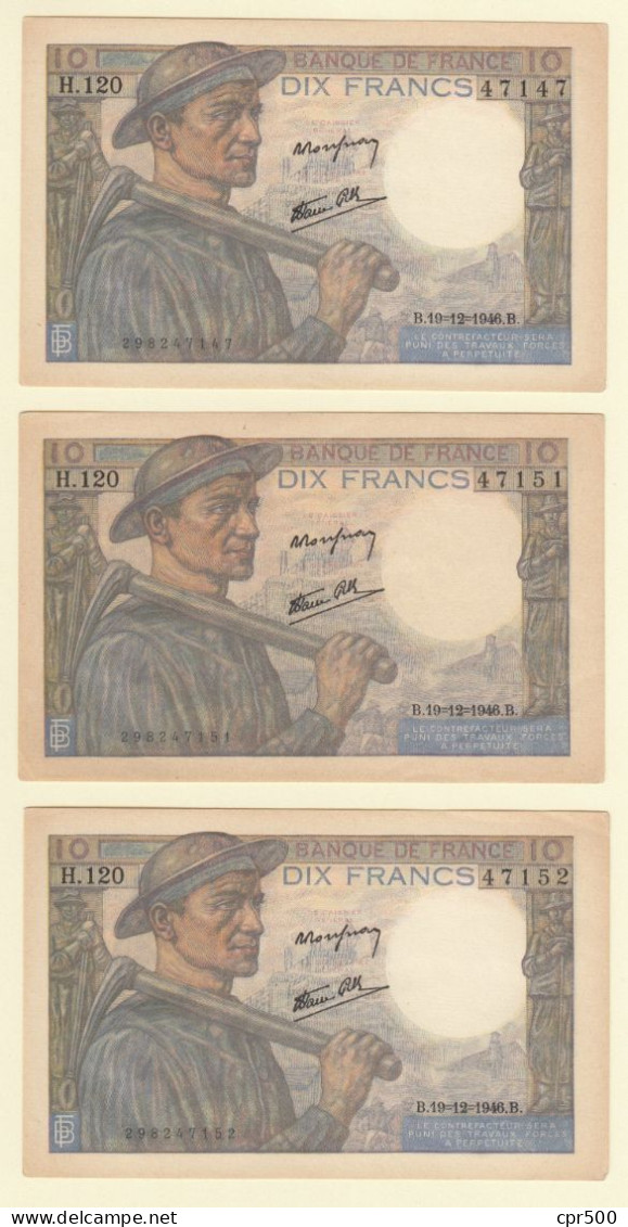 3x 10 Francs MINEUR FRANCE  Type 1941 F.08.16 H.120 SUP Série X3 - 10 F 1941-1949 ''Mineur''