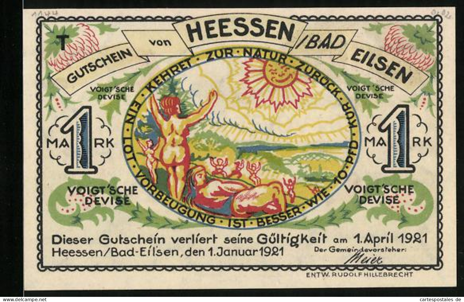 Notgeld Heessen Bei Bad Eilsen 1921, 1 Mark, Menschen Stehen Schlange An Voigt`s Kur- Und Badehaus  - Lokale Ausgaben