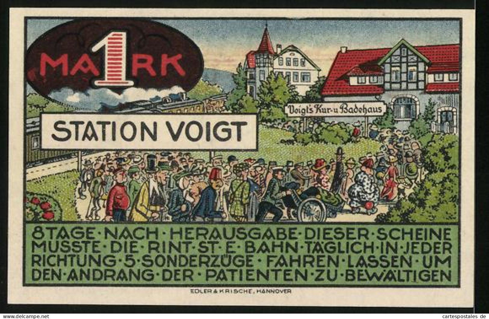 Notgeld Heessen Bei Bad Eilsen 1921, 1 Mark, Menschen Stehen Schlange An Voigt`s Kur- Und Badehaus  - Lokale Ausgaben