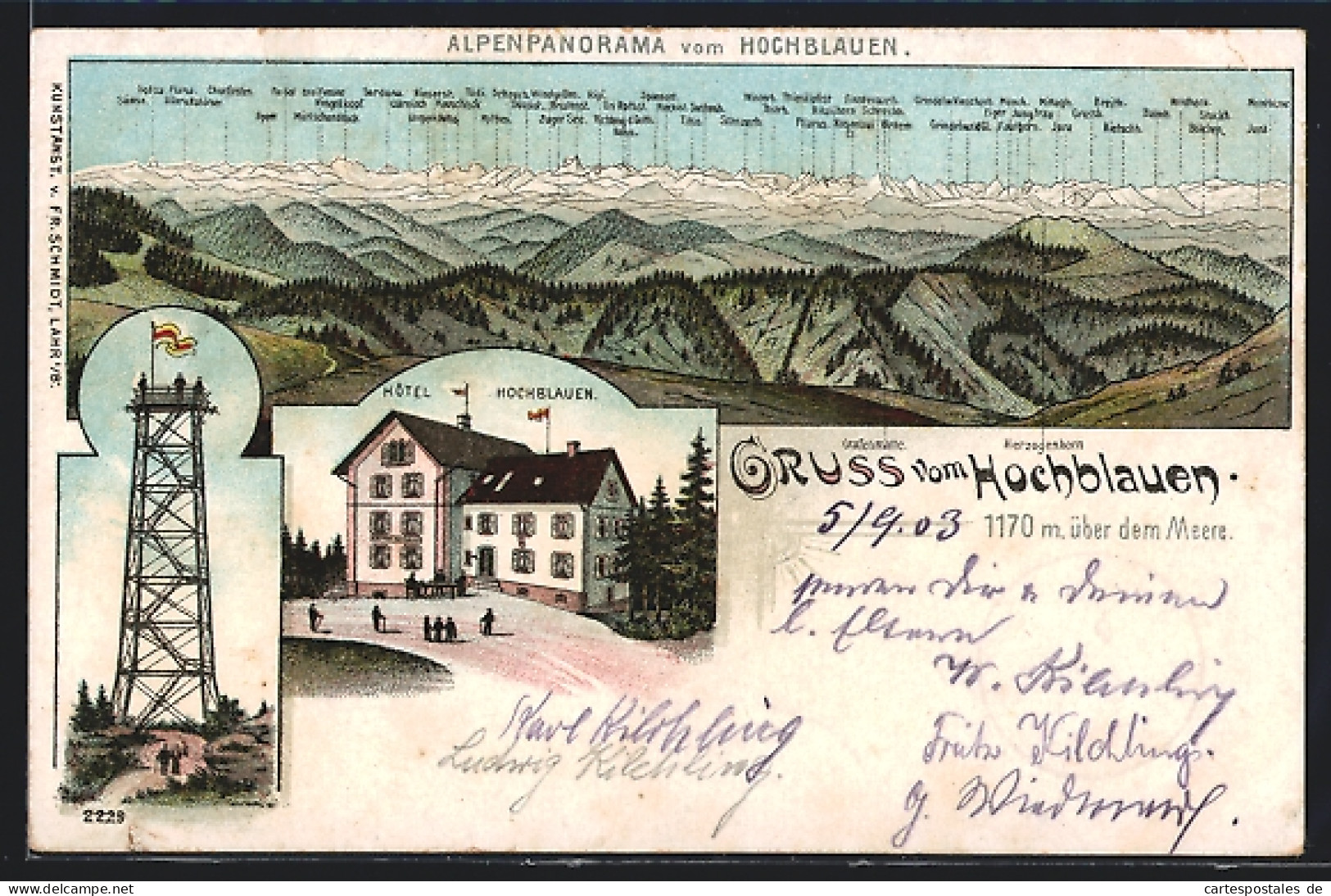 Lithographie Badenweiler, Hotel Hochblauen, Aussichtsturm, Alpenpanorama  - Badenweiler