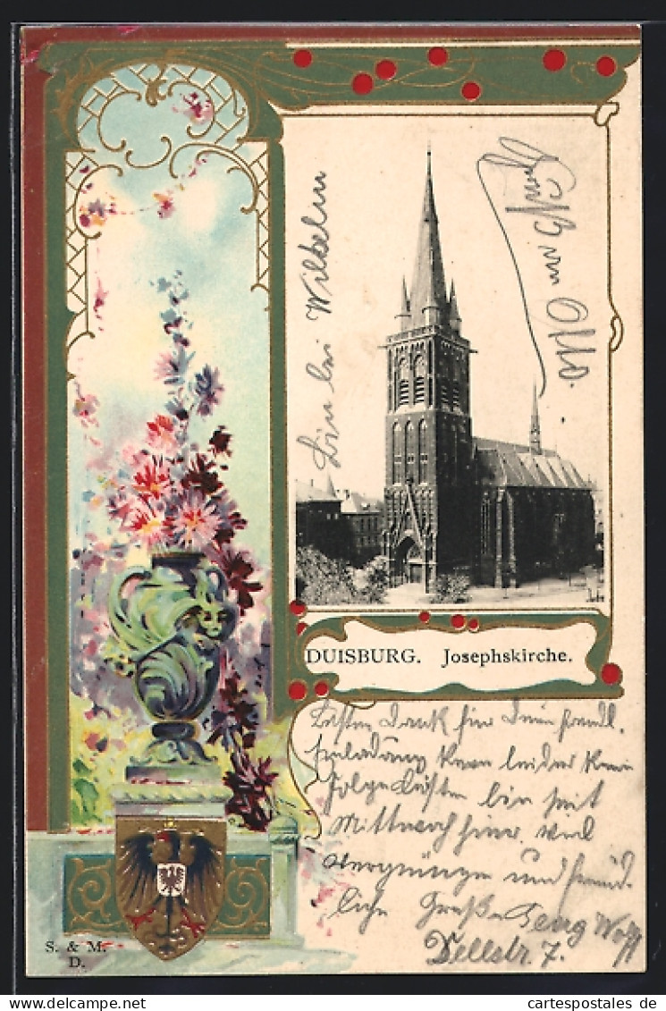 Passepartout-Lithographie Duisburg, Josephskirche, Wappen Mit Vase  - Andere & Zonder Classificatie