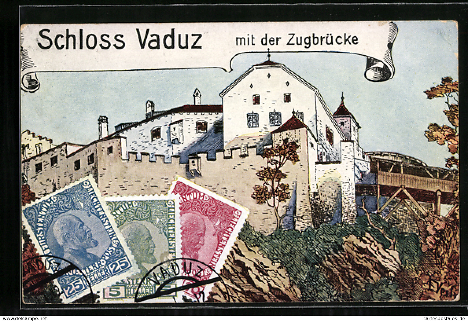 Künstler-AK Vaduz, Schlossansicht Mit Zugbrücke  - Liechtenstein
