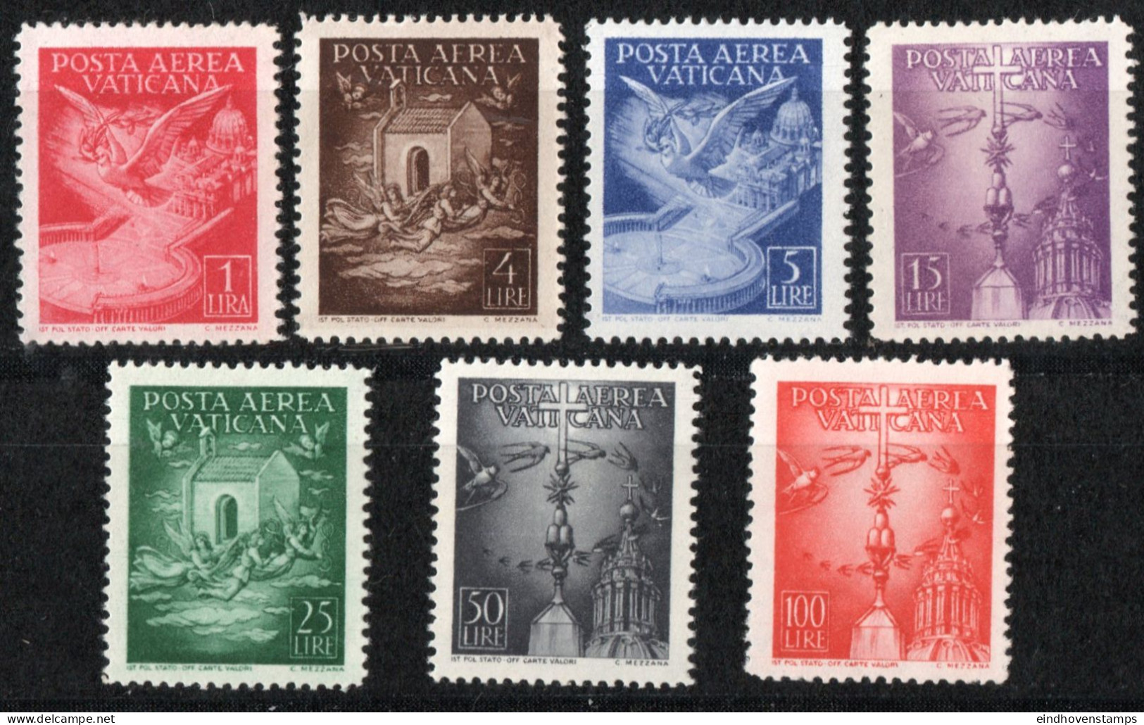 Vatican 1947 Airmail Stamps 7 Values MNH Dove Over St Pieter Dome, Swallows, Angels Bringin Casa Sancta - Unused Stamps