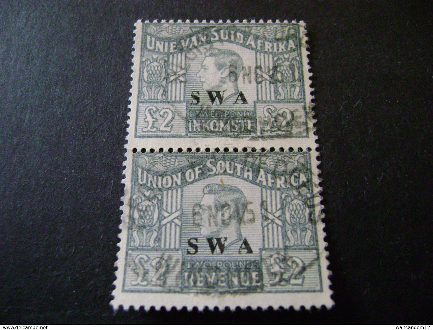 South West Africa 1946 £2 Grey Bilingual Vertical Pair - Used Revenues - Afrique Du Sud-Ouest (1923-1990)