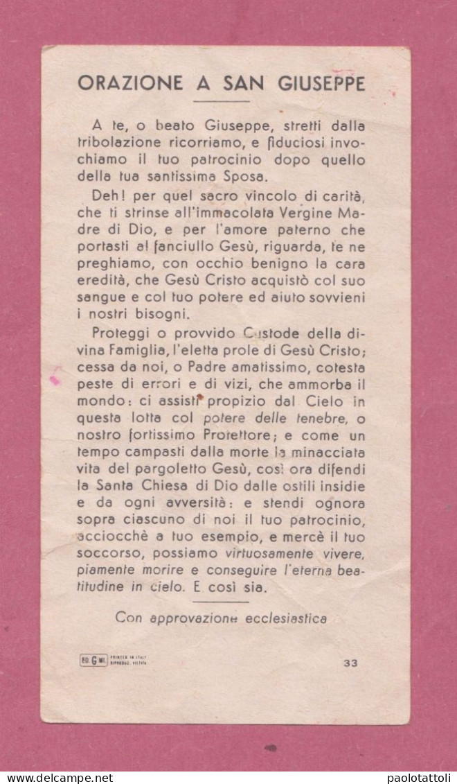 Holy Card, Santino- S. Giuseppe . Con Approvazione Ecclesiastica. Ed. GMi N° 33 -168. Creased Condition. Dim. 105 X 58 - Devotion Images