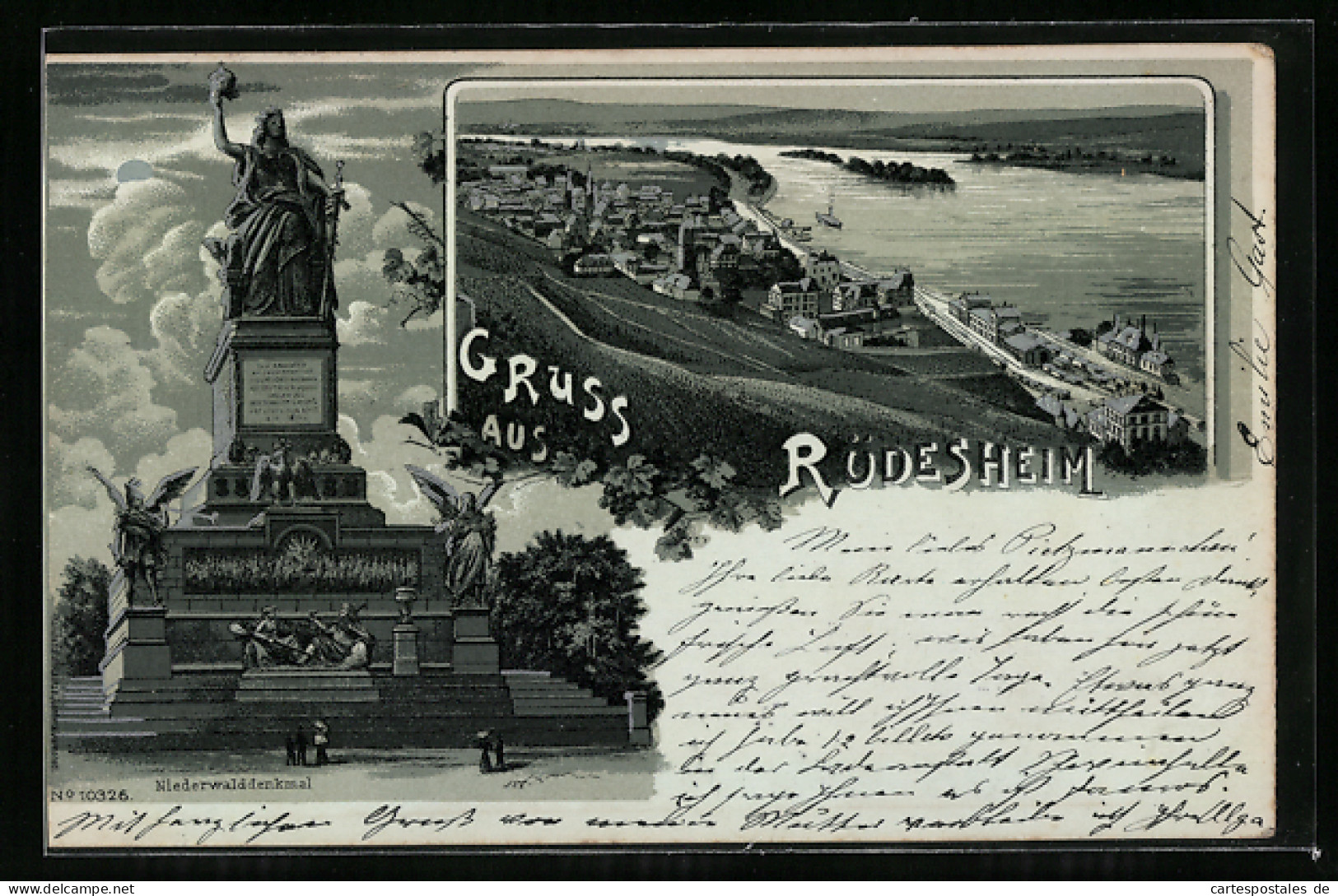 Mondschein-Lithographie Rüdesheim / Rhein, Panorama Mit Ort Und Rhein, Niederwalddenkmal  - Rüdesheim A. Rh.