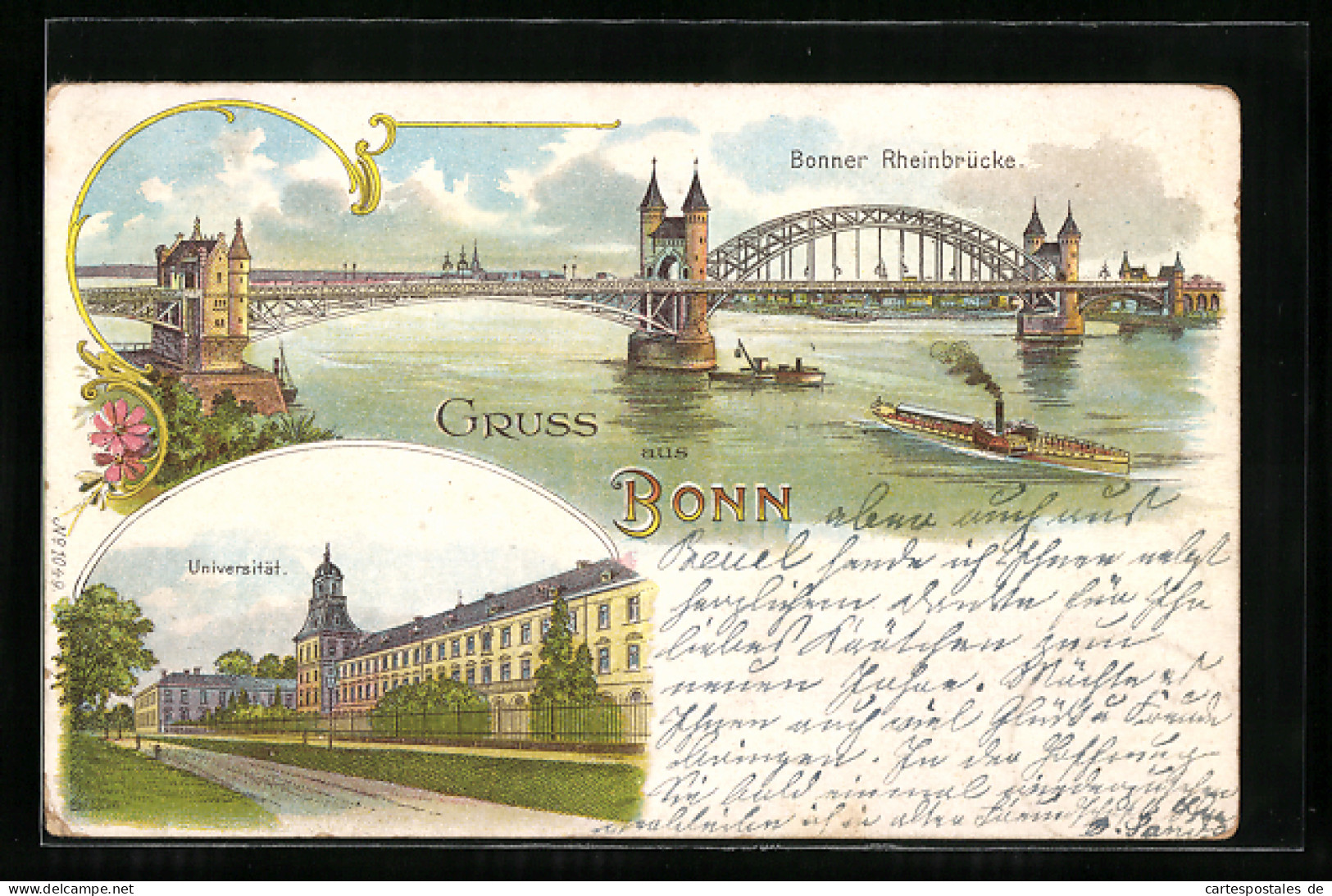 Lithographie Bonn, Rheinbrücke Und Dampfer, Universität  - Bonn