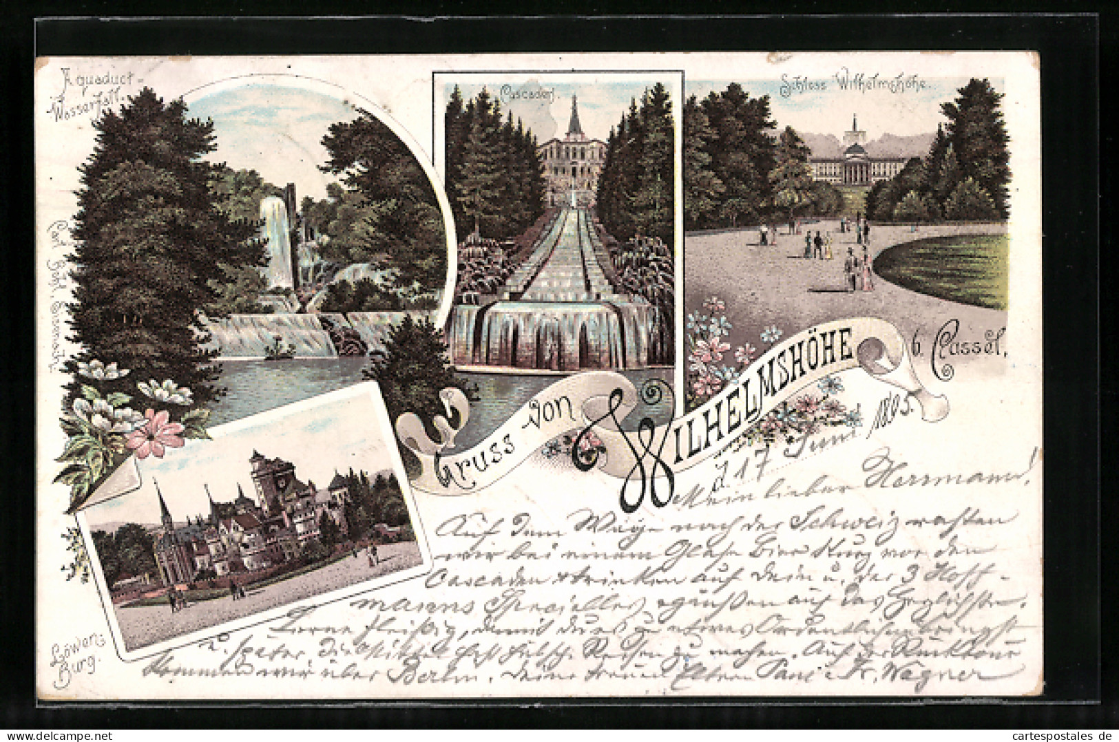 Vorläufer-Lithographie Kassel-Wilhelmshöhe, 1895, Cascaden, Schloss Wilhelmshöhe, Aquäduct-Wasserfall  - Kassel