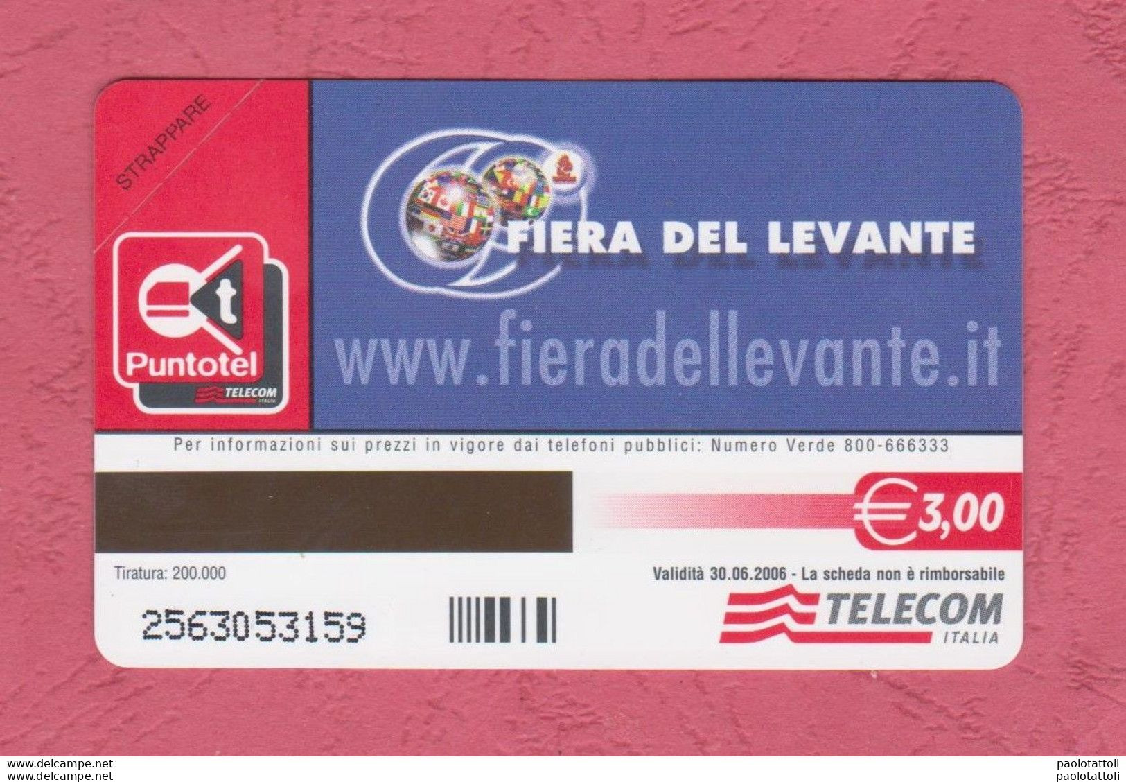 Italia, Italy- New, Nuova. Pre-Paid Phoone Card. Telecom. Bari; Fiera Del Levante, Sett;2005. Exp. 30.06.2006 - Openbaar Speciaal Over Herdenking