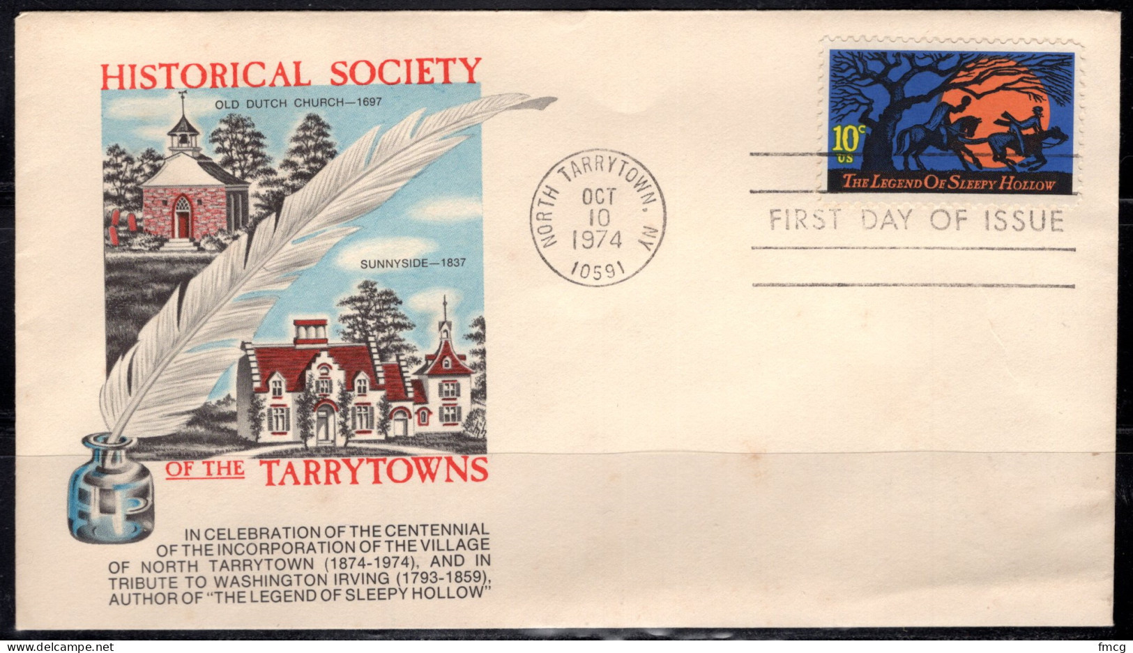 USA FDC 1974 10 Cents Sleepy Hollow, Tarrytown Historical Society  - 1971-1980