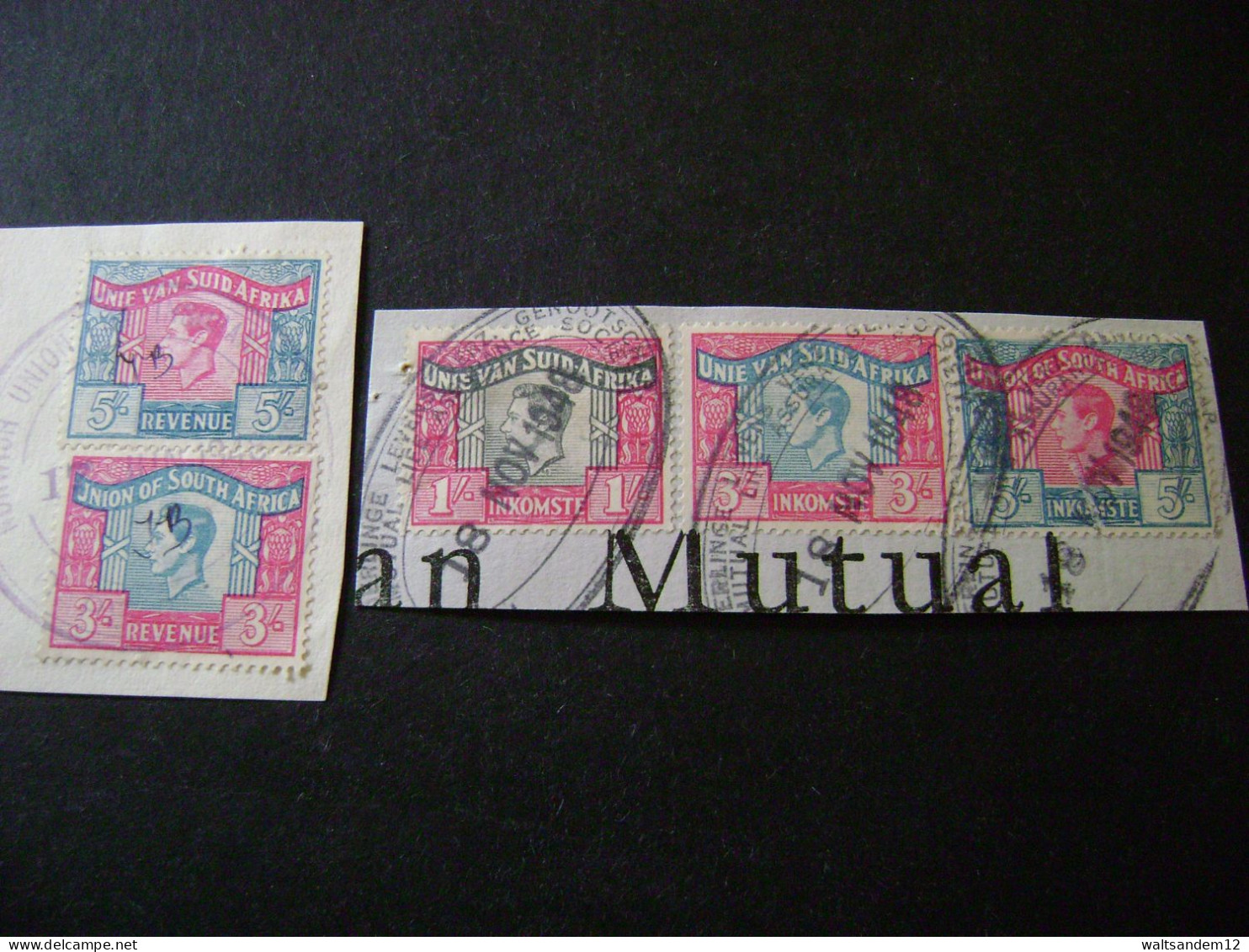 South Africa 1948 KGVI 5/- 'Language Error' Bilingual Pair (singles) On Piece - Used Revenues - Oblitérés