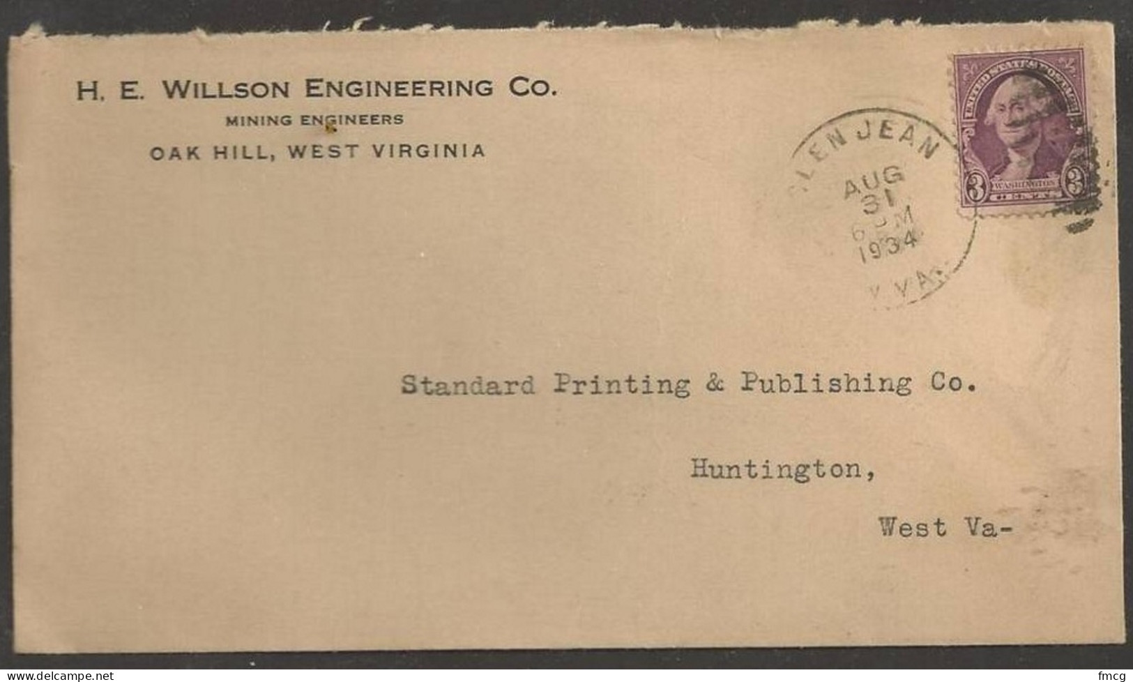 1934 West Virginia - Glenjean, Aug 31 Mining Engineer Corner Card - Storia Postale