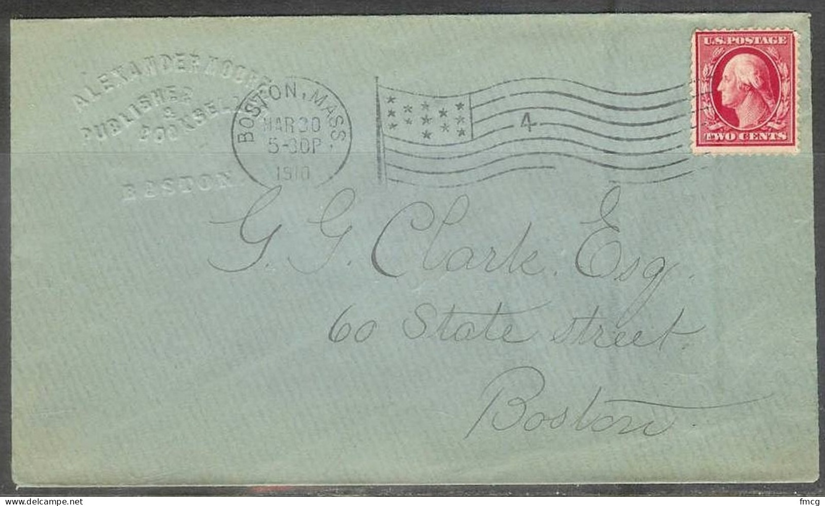 1910 Boston Mass (Mar 30) "4" Flag Cancel Embossed Corner Card - Brieven En Documenten