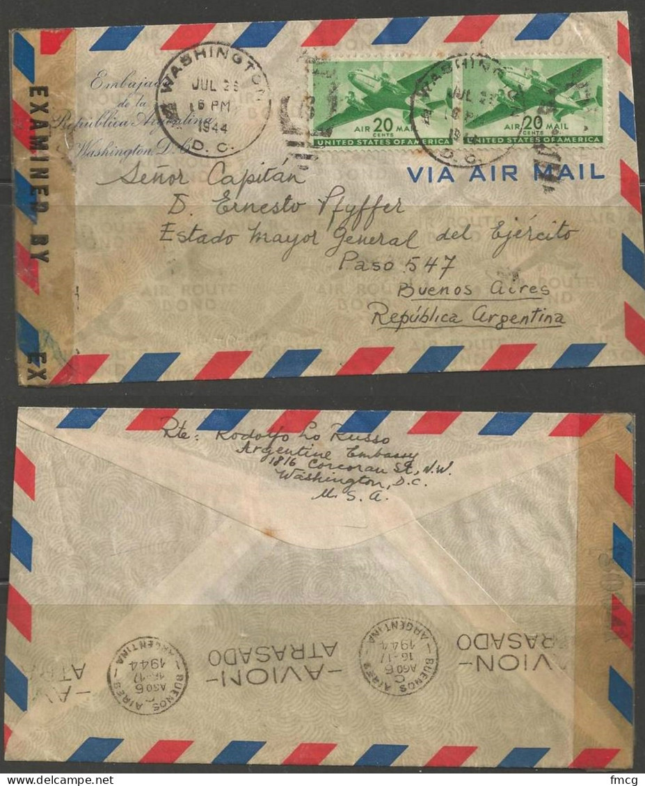 1944 Two 20 Cents Transport Airmails, Censored, Mailed From Embassy To Argentina - Covers & Documents