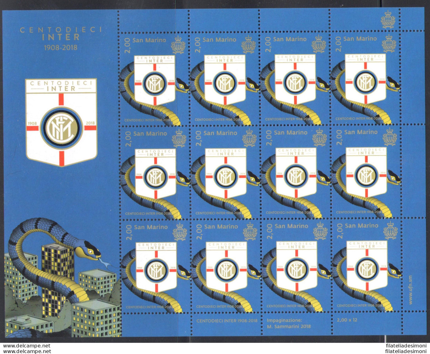 2018 San Marino "110° Centodieci Inter 1908-2018" Minifoglio 12 V MNH** - Blocchi & Foglietti