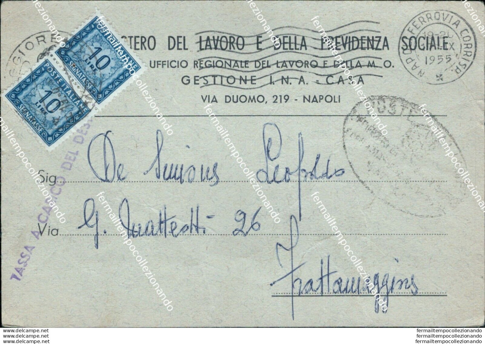 Bn48 Cartolina Storia Postale Segnatasse Lire 10 Tassa A Carico Del Destinatario - Marcophilie