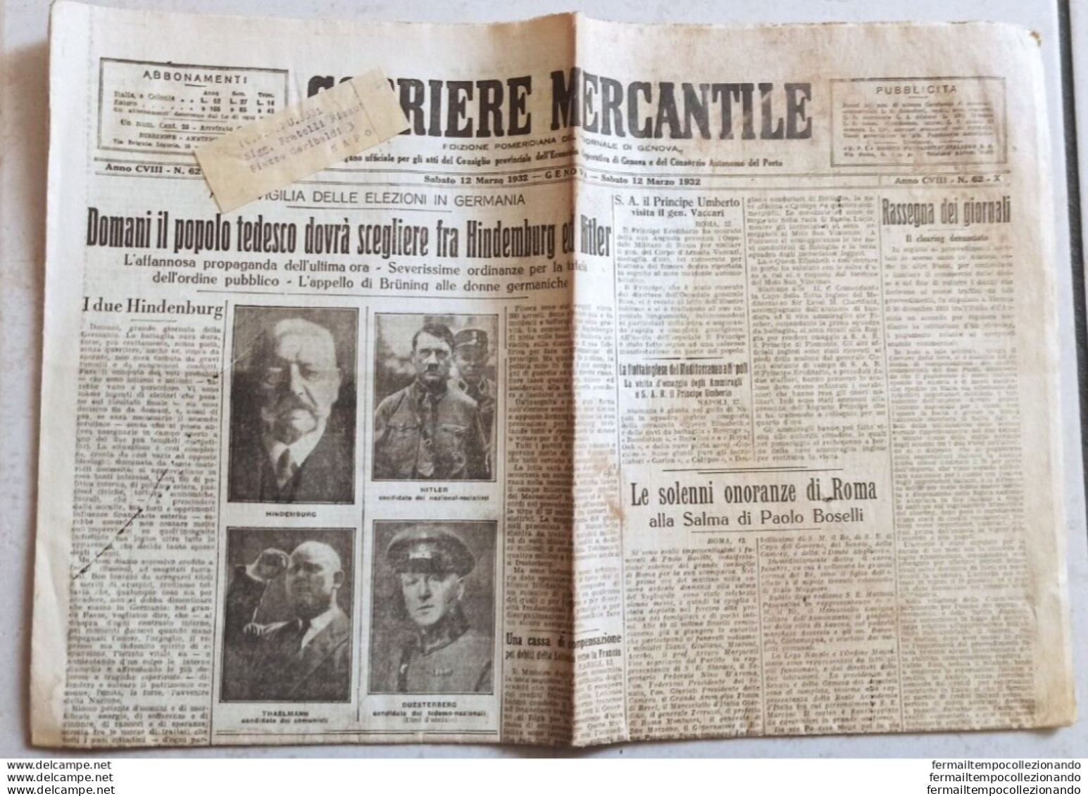 Bm Giornale Corriere Mercantile Elezioni Tedesche Scelta Fra Hinderburg E Hitler - Zeitschriften & Kataloge