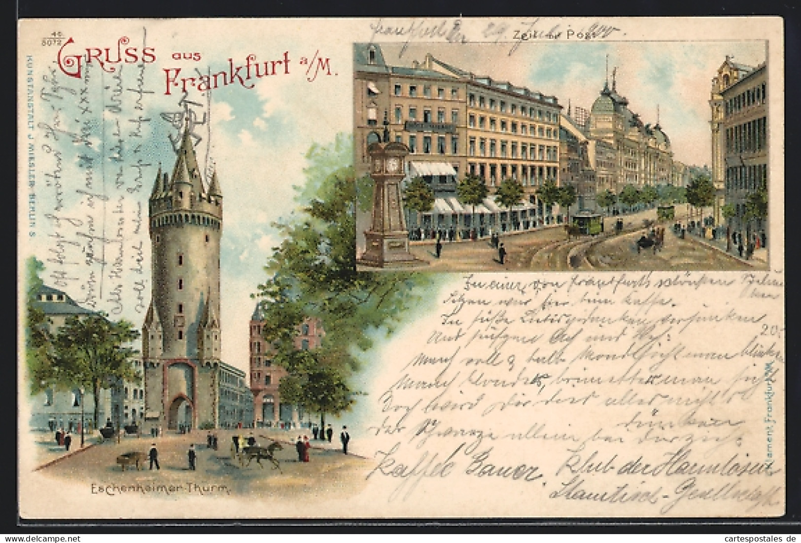 Lithographie Frankfurt A / M., Eschenheimer-Turm, Zeil Mit Post  - Frankfurt A. Main