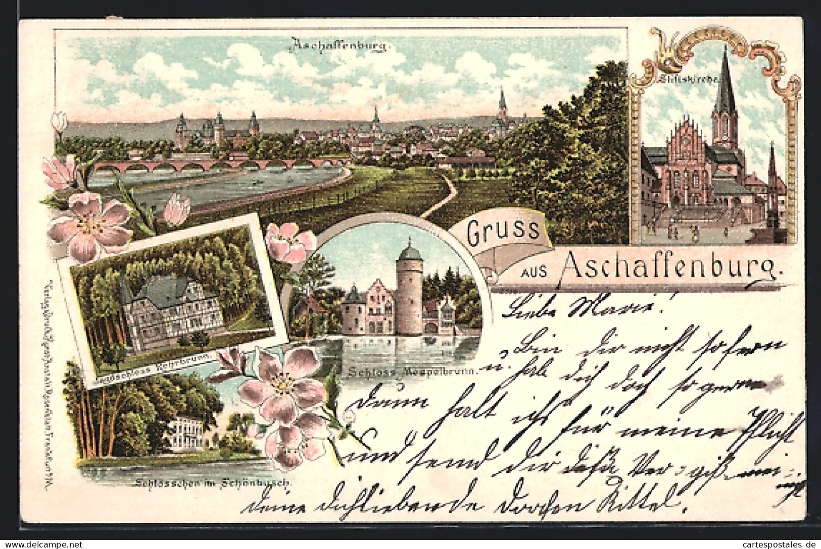 Lithographie Aschaffenburg, Stiftskirche, Jagdschloss Rohrbrunn, Schloss Mespelbrunn, Schlösschen Im Schönbusch  - Jacht