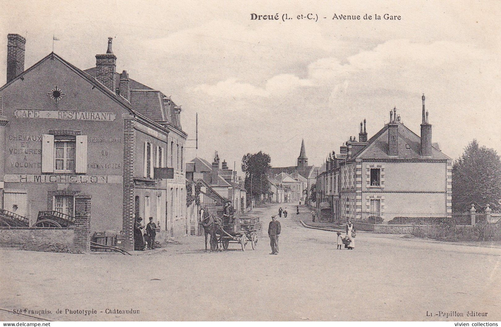 Droué (41 Loir Et Cher) Avenue De La Gare - Le Café Restaurant Michelon Au 1er Plan - édit. Le Papillon Circulée 1915 - Droue