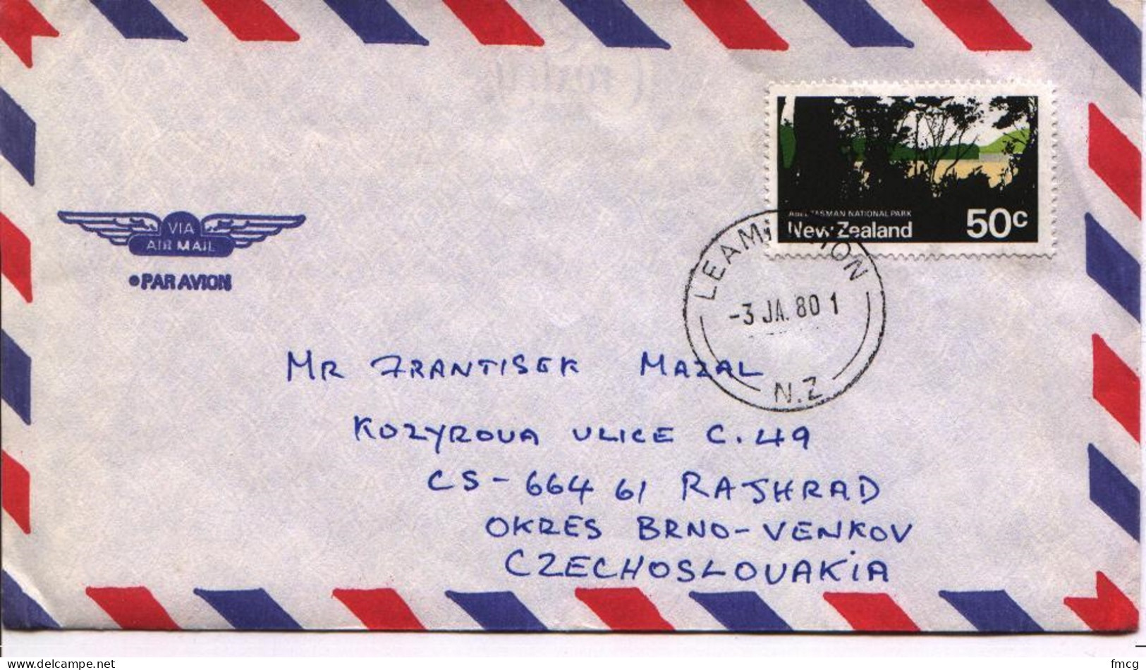 1980 50c Abel Tasman National Park, Lemington To Czechoslovakia - Briefe U. Dokumente
