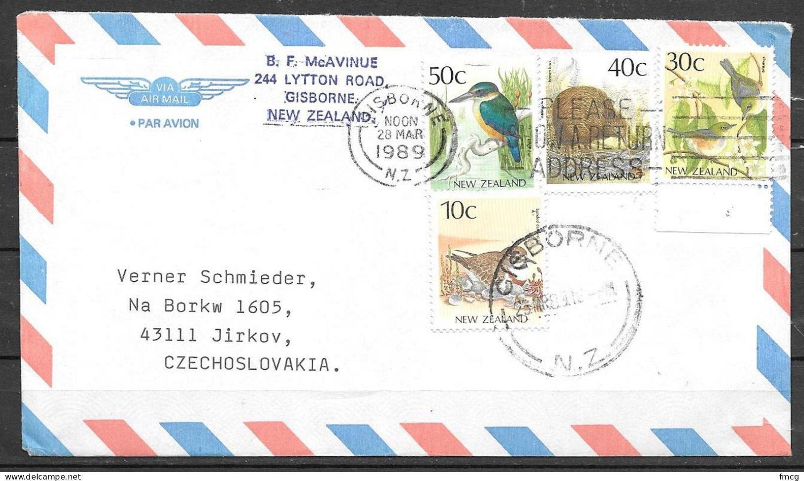 1989 Gisborne (28 Mar), 4 Different Bird Stamps, To Czechoslovakia - Lettres & Documents