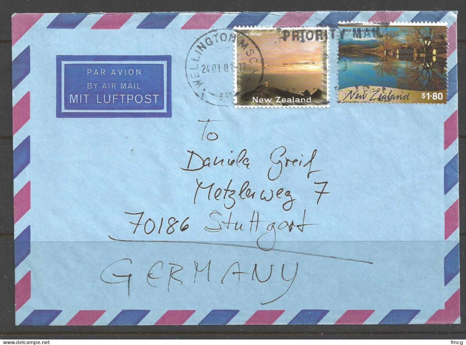 2001 $1.80 Lake Alexandria, Wellington To Germany (24 01 01) - Brieven En Documenten