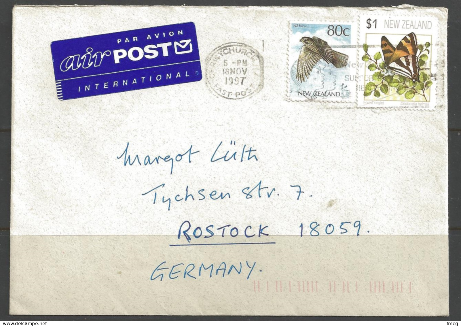 1997 $1 Butterfly & 80c Falcon, Christchurch To Germany - Lettres & Documents