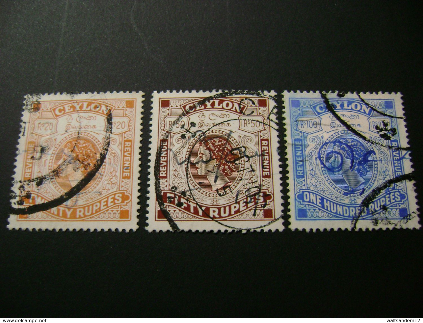 Ceylon 1954 QE II - 20R, 50R, 100R - Used Revenue Stamps. - Sri Lanka (Ceylon) (1948-...)