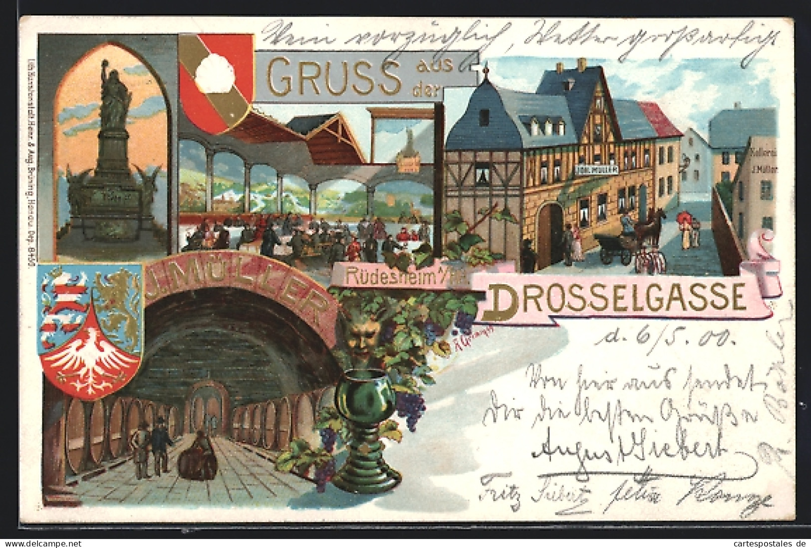 Lithographie Rüdesheim Am Rhein, Gasthaus J. Müller, Drosselgasse  - Rüdesheim A. Rh.