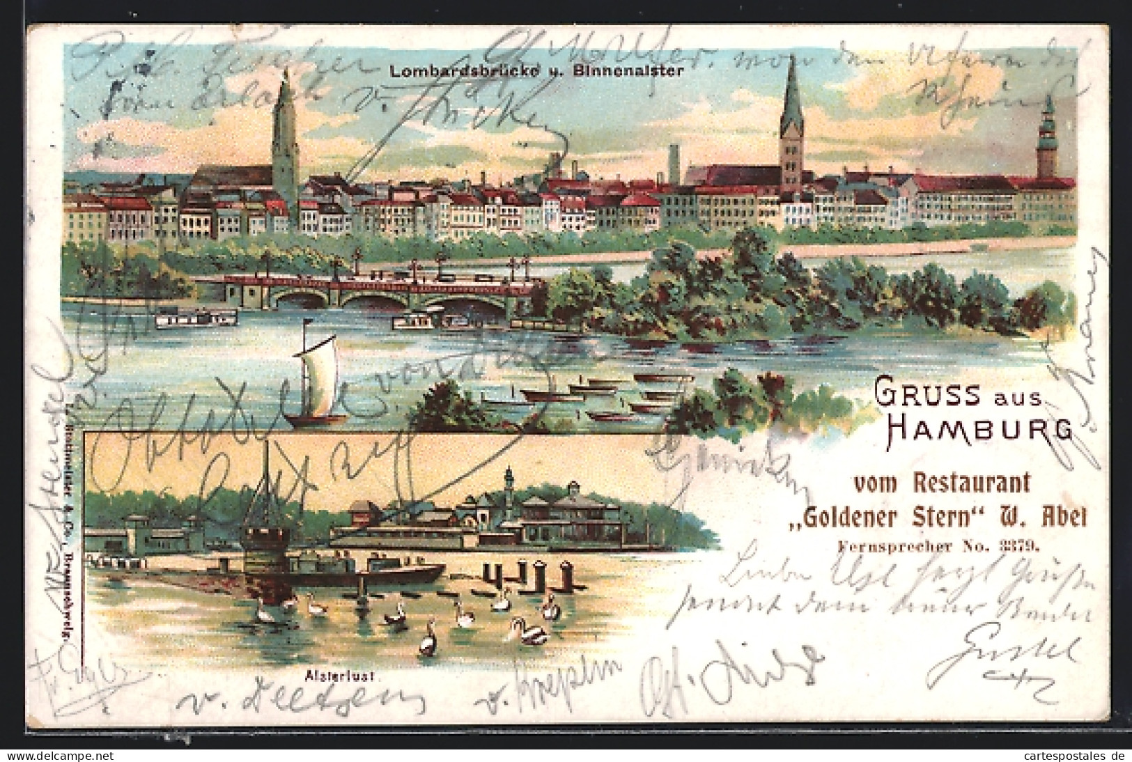 Lithographie Hamburg, Gasthaus Alsterlust, Lombardsbrücke Und Binnenalster  - Mitte