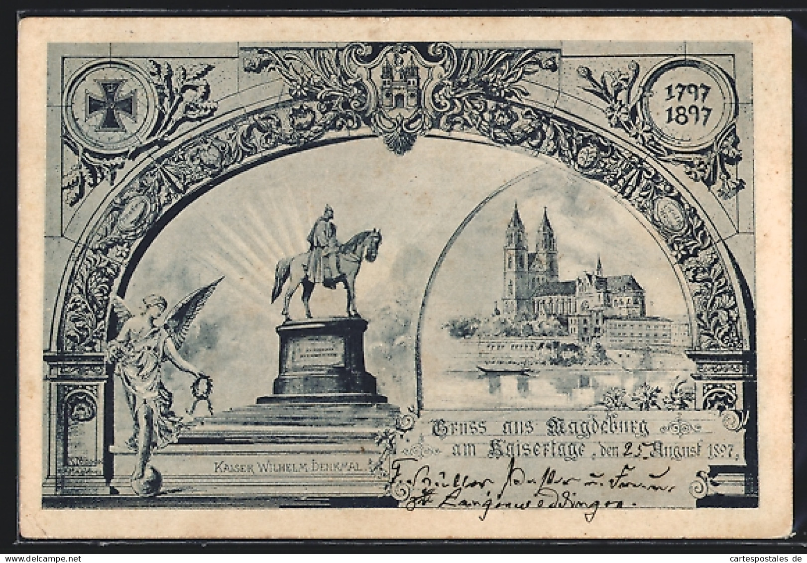 Lithographie Magdeburg, Ortsansicht Mit Kaiser Wilhelm Denkmal  - Magdeburg
