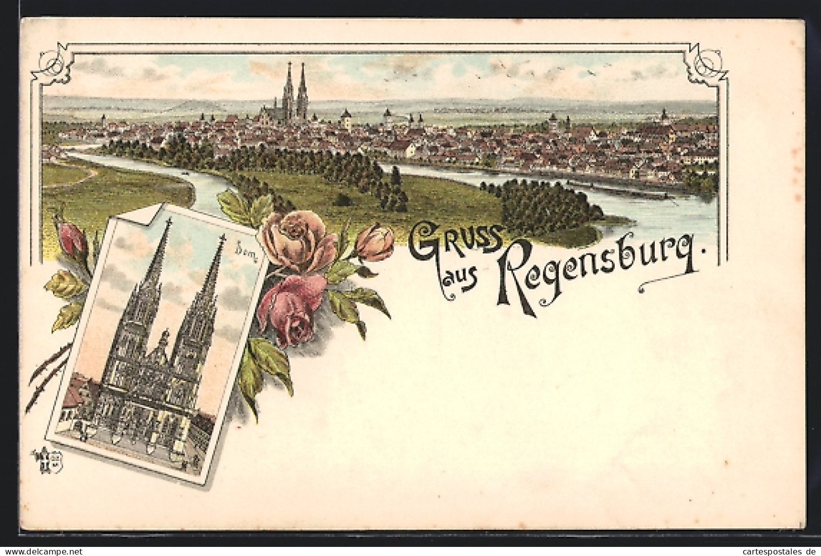 Lithographie Regensburg, Totalansicht & Domblick  - Regensburg