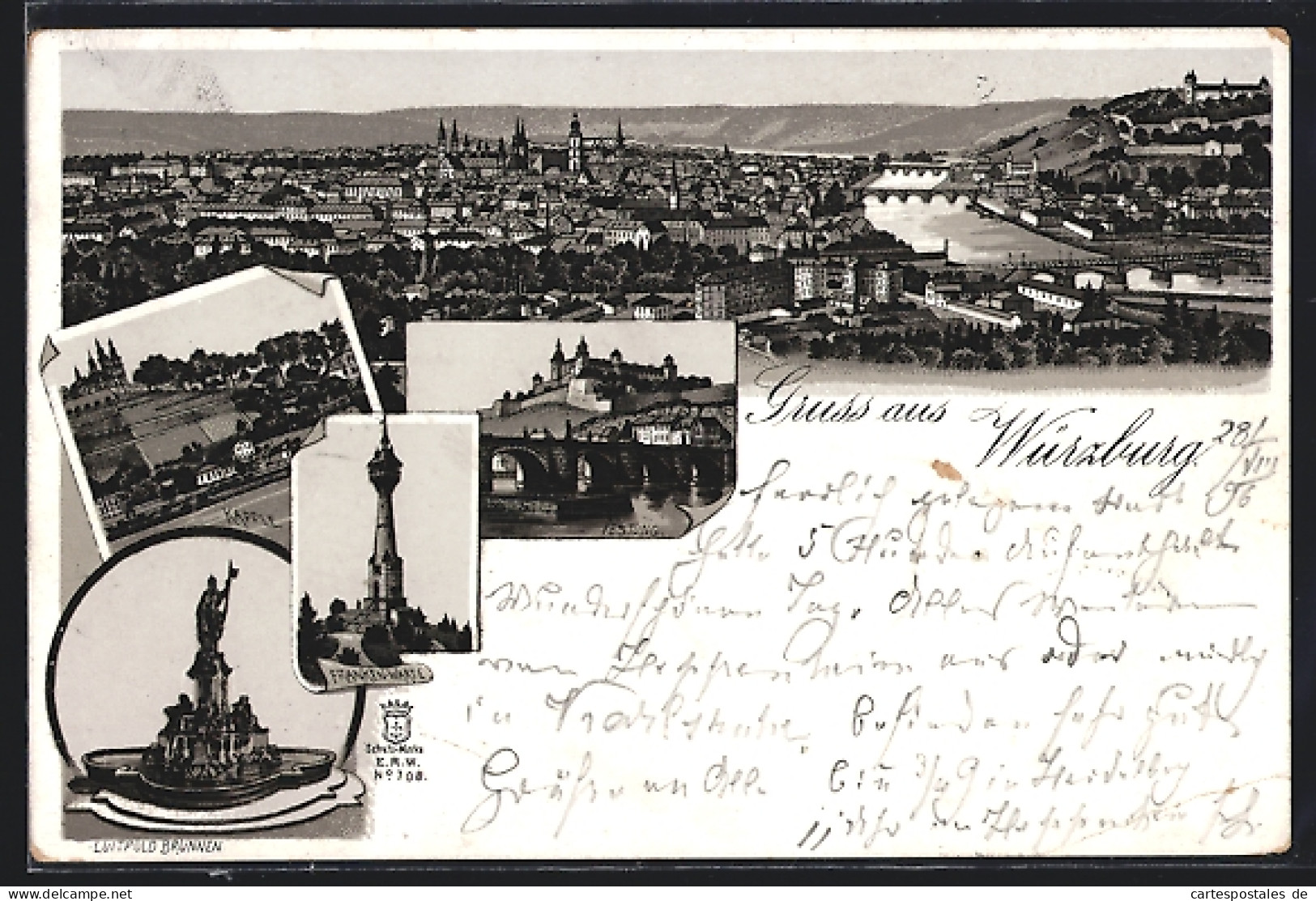 Lithographie Würzburg, Käpple, Franken-Warte, Festung, Luitpoldbrunnen  - Wuerzburg