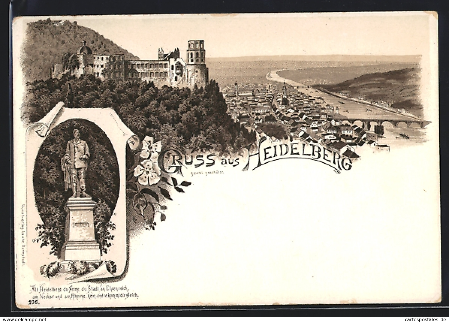 Lithographie Heidelberg, Ortsansicht Mit Scheffel Denkmal  - Heidelberg
