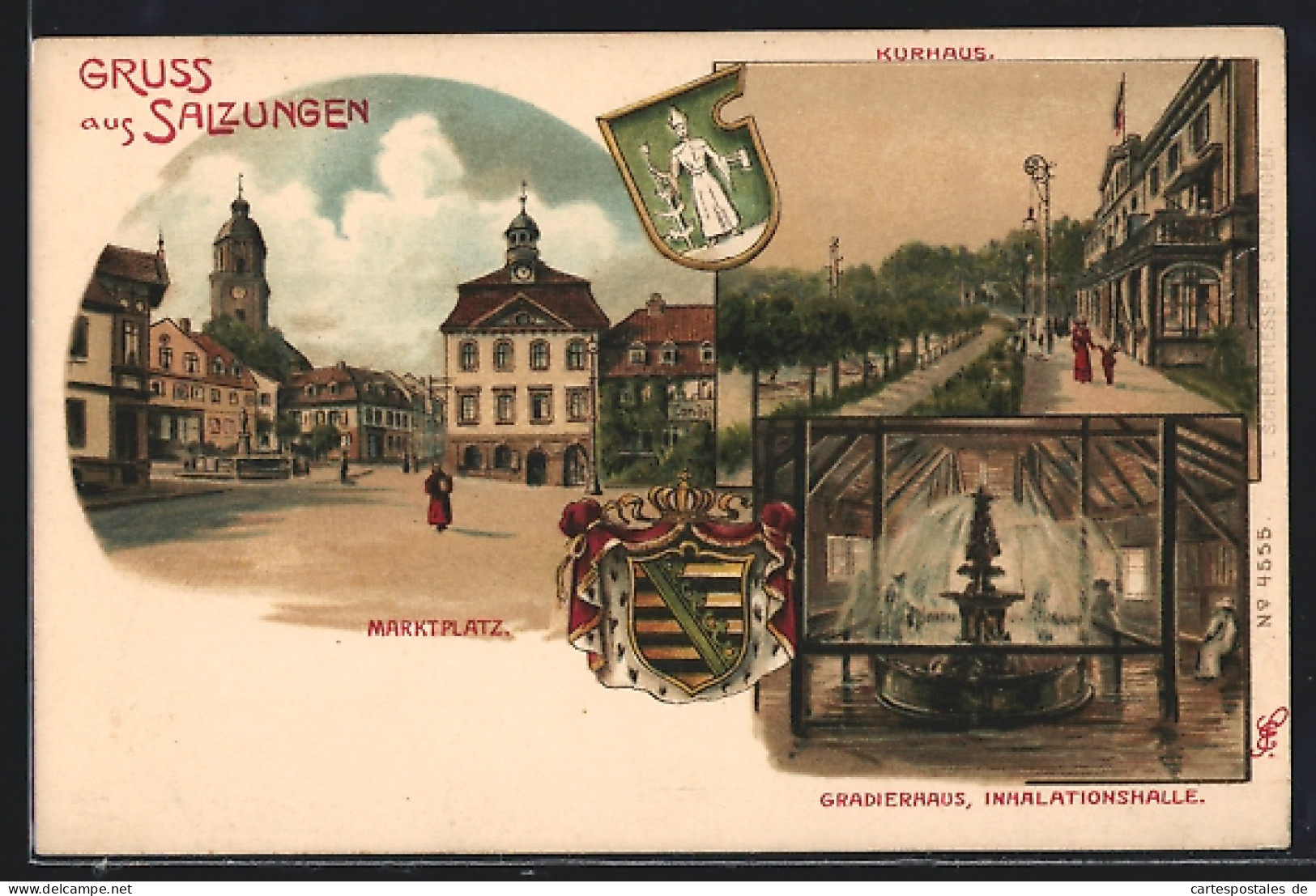 Lithographie Salzungen, Kurhaus, Gradierhaus, Marktplatz, Wappen  - Genealogie