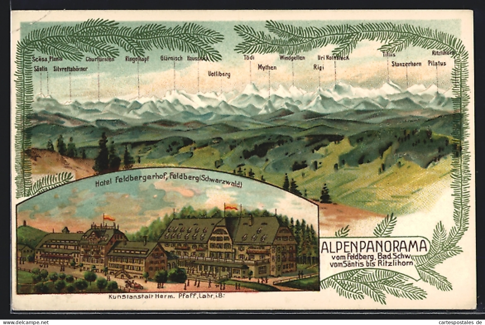 Lithographie Feldberg / Schwarzwald, Hotel Feldbergerhof, Alpenpanorama  - Feldberg