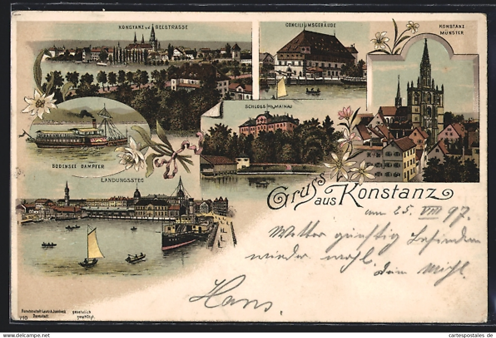 Lithographie Konstanz, Panorama Von Der Seestrasse, Bodensee Dampfer, Münster & Schloss Mainau  - Konstanz