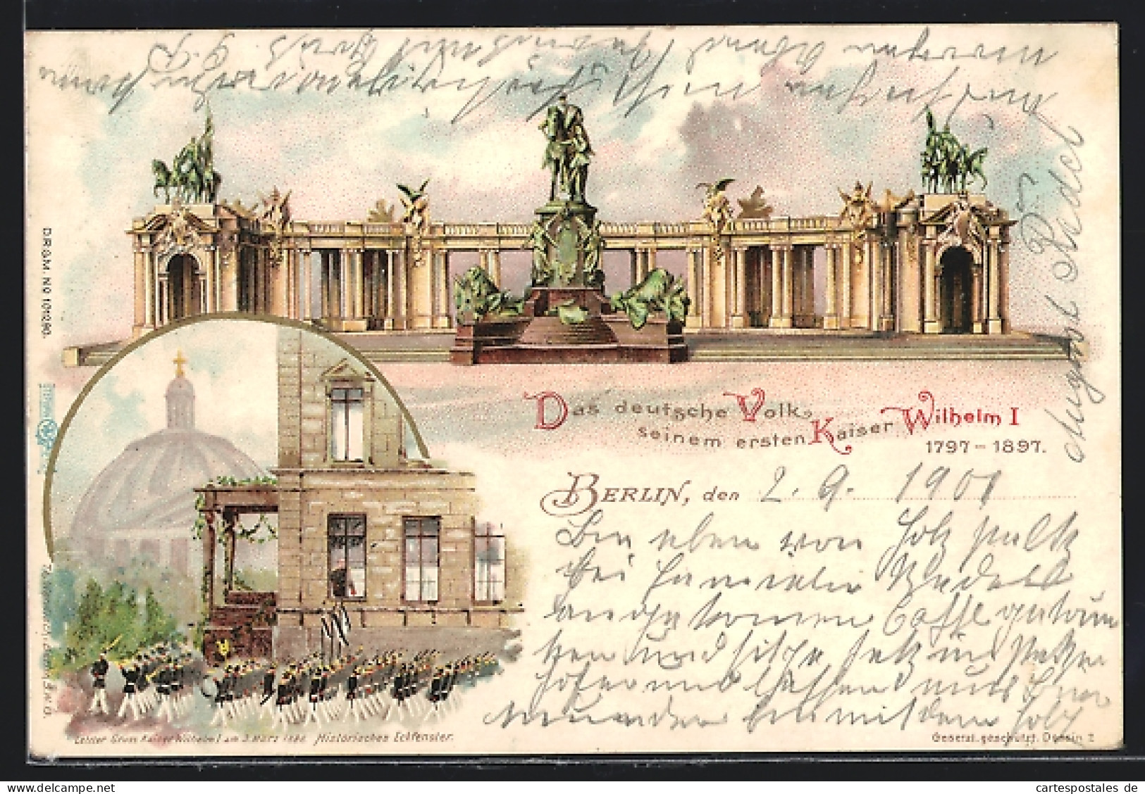 Lithographie Berlin, National-Denkmal Kaiser Wilhelm I. Militärparade Am Hist. Eckfenster  - Mitte