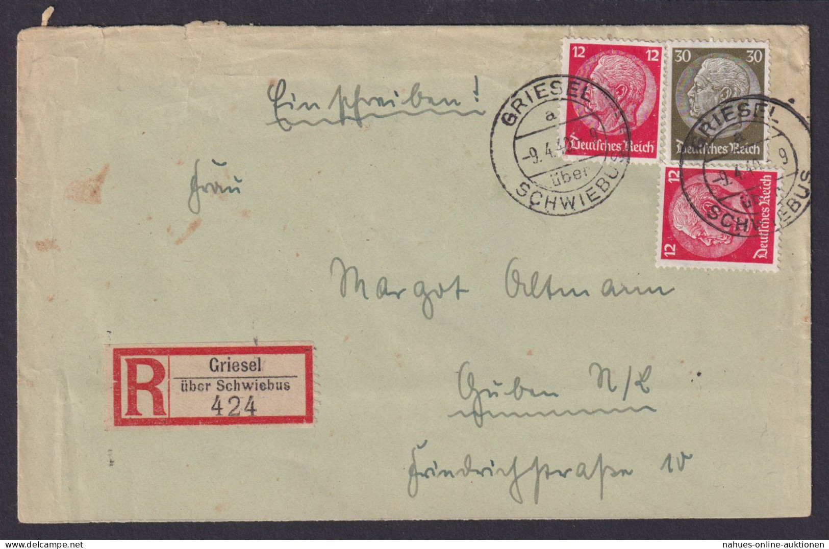 Griesel über Schwiebus Brandenburg Deutsches Reich R Brief Landpoststempel - Lettres & Documents