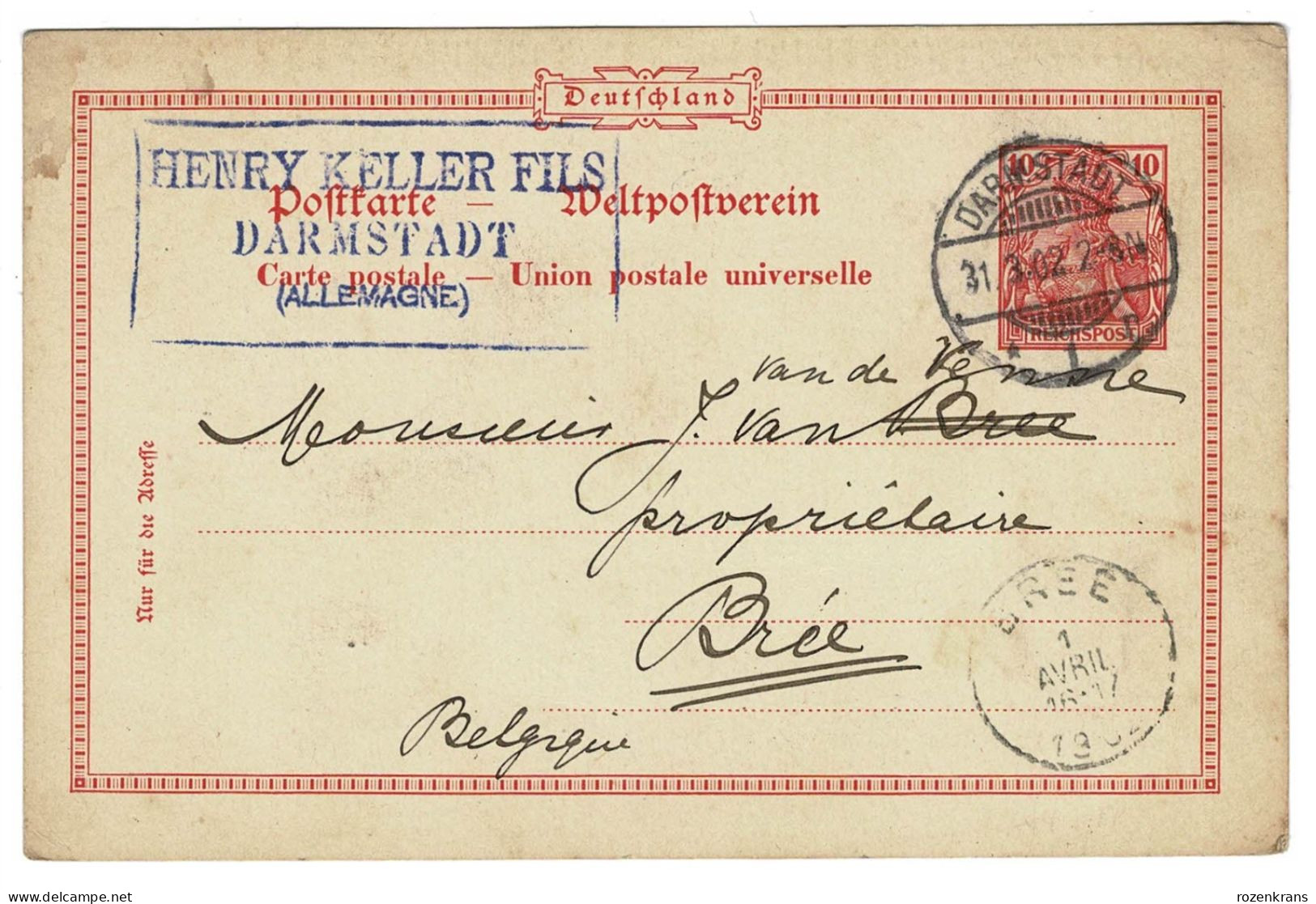 EP E.P. Entier Postale Ganzsache DEUTSCHES REICH Kartenbrief 1902 Darmstad Postwaardestuk Henry Keller Fils Naar Bree - Briefkaarten