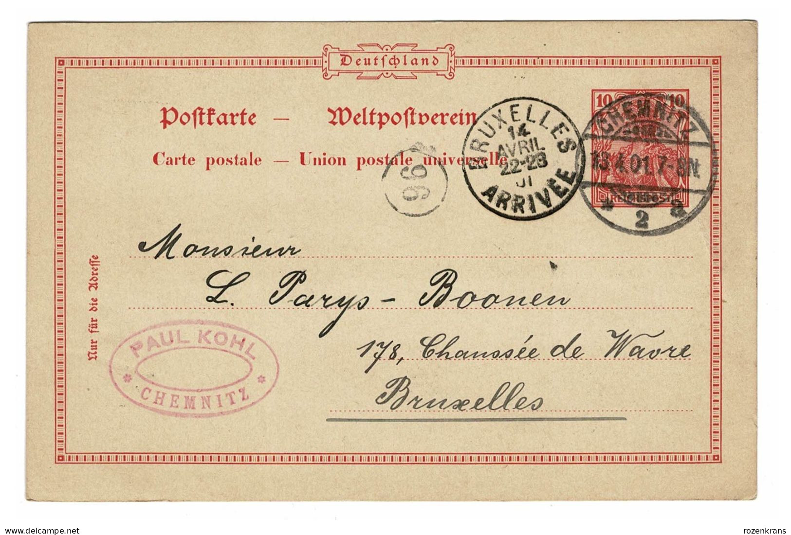 EP E.P. Entier Postale Ganzsache DEUTSCHES REICH Kartenbrief 1901 Chemnitz Postwaardestuk Paul Kohl Naar Bruxelles - Tarjetas