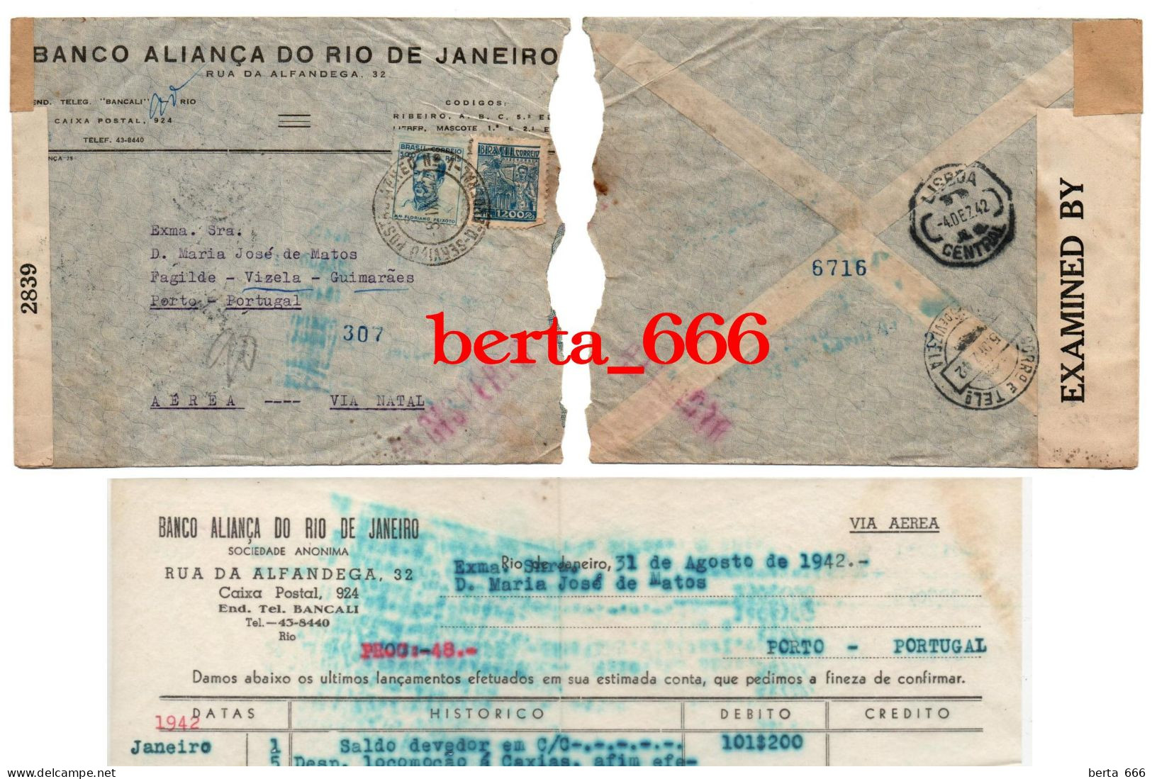 Banco Aliança Do Rio De Janeiro * Carta Circulada De Brasil A Portugal * 1942 - Lettres & Documents