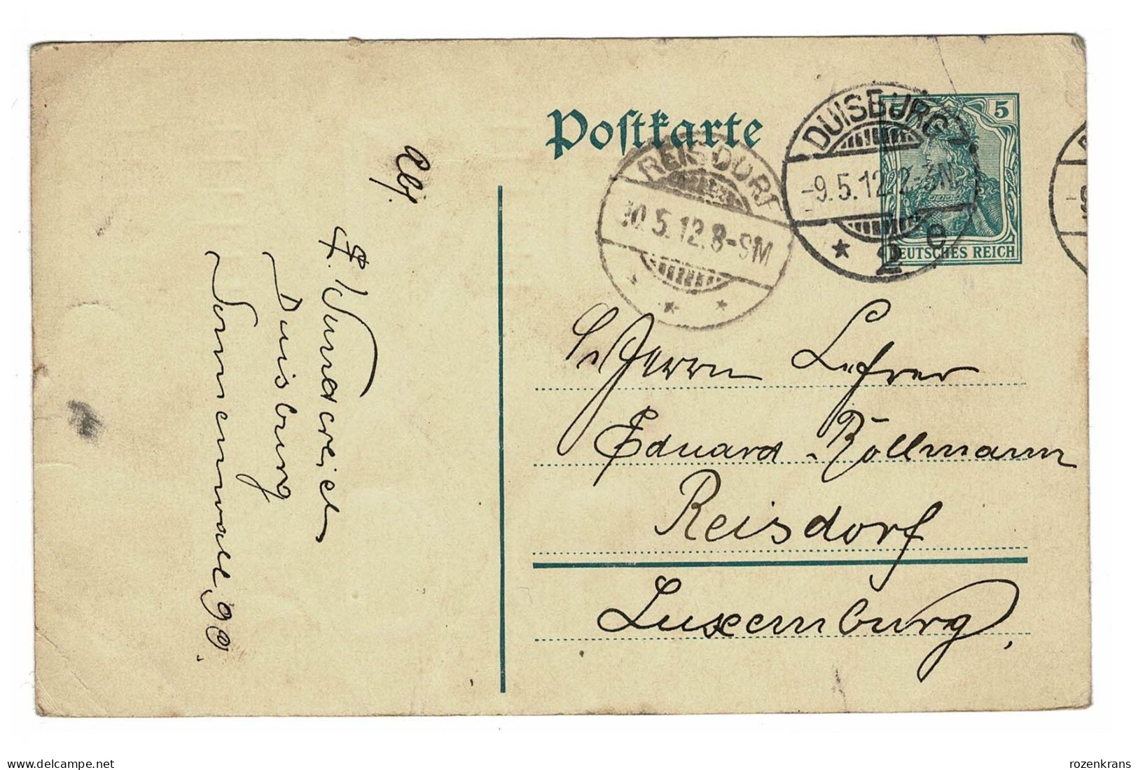 EP E.P. Entier Postale Ganzsache DEUTSCHES REICH Kartenbrief 1912 Duisburg  Postwaardestuk Nach Reisdorf Luxemburg - Postkarten
