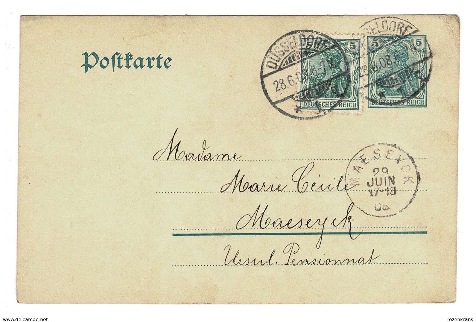 EP E.P. Entier Postale Ganzsache DEUTSCHES REICH Kartenbrief 1908 Dusseldorf Postwaardestuk Naar Maeseyck Ursulinen - Cartes Postales