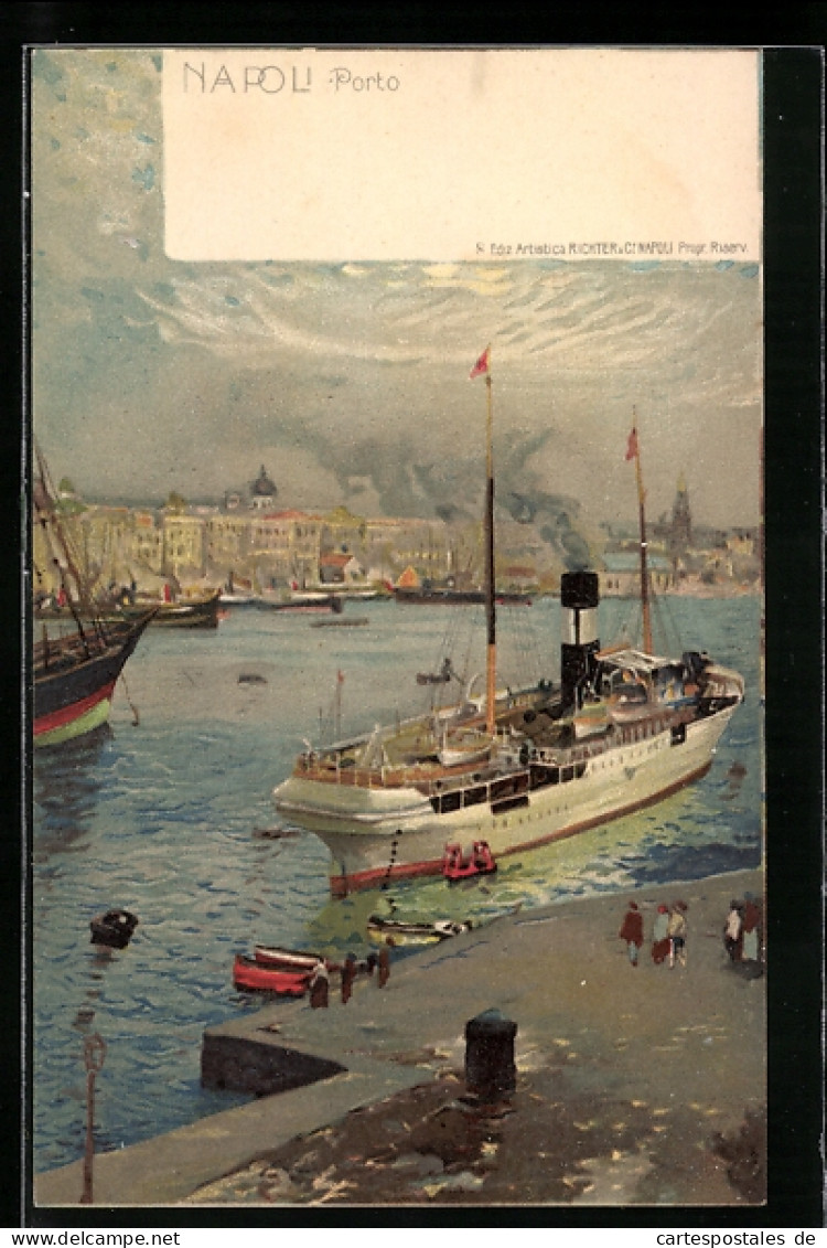 Lithographie Napoli, Am Hafen, Dampfer Beim Auslaufen  - Napoli (Neapel)