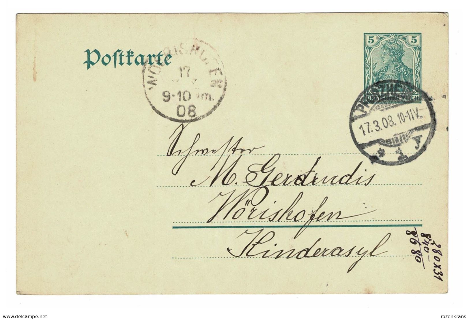 EP E.P. Entier Postale Ganzsache DEUTSCHES REICH Kartenbrief 1908 Pforzheim Postwaardestuk Naar Worishofen Kinderasyl - Cartes Postales